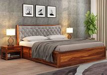 WOODSTAGE Sheesham Wood King Size Bed with Box Storage Cushion Headboard Cot Palang | Wooden Double Bed Furniture for Bedroom Living Room Home (Teak Finish, Grey) | 1 Year Warranty