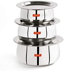Sumeet Stainless Steel Belly Shape 3 Pc Tope/Cookware/Pot Set with Lid 380ML, 500ML, 780ML, (Silver)