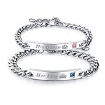 Cupimatch 2pcs King Queen Bracelets, Stainless Steel Loving Bangle Bracelet with Engraved His Queen Her King for Lover Ladies Mens, Rose Gold Silver Black (Silver) …