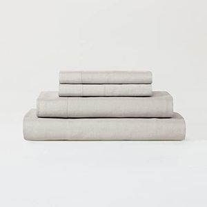 Sijo Stone Washed Organic French Linen Bed Sheet Set, GOTS Certified Organic, Best Cooling Linen Sheet Award by Sleep Foundation, 4 Piece - 2 Pillowcases, 1 Fitted and 1 Flat (Fog, Cal King)
