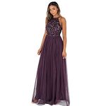 Maya Deluxe Women's Womens Ladies Maxi Halter Neck Sequin Embellished Prom Graduation Weddi Bridesmaid Dress, Berry, 16 UK