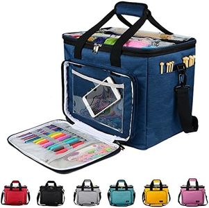 Hoshin Knitting Bag for Yarn Storage, High Capacity Yarn Totes Organizer with Inner Divider Portable for Carrying Project, Knitting Needles(up to 14"), Crochet Hooks, Skeins of Yarn(Navy)