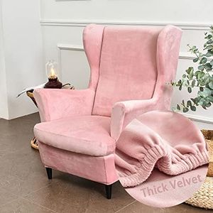 Housse de Fauteuil à Oreilles Velours Extensible 2-Pièces Couverture de Fauteuil avec Housse de Coussin en T, Couleur Unie Mode Housse de Fauteuil Antidérapante pour Strandmon,Chambre (Rose)
