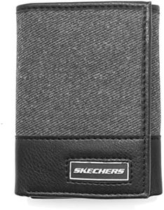 Skechers Men's Passcase RFID Leather Wallet with Flip Pocket, Grey Patch Canvas (Trifold Vegan Leather), One Size