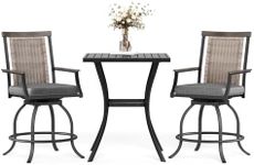 MFSTUDIO 3-Piece Outdoor Bar Set with 2 Swivel Wicker Rattan Cushion Chairs and 1 Metal Table, Perfect Patio Counter Height Table and Chairs