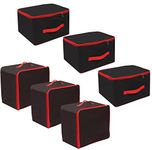 KENADIYA 6 Pack Nylon Wardrobe Bag Underbed Cloth Storage Organiser with Zippered Closure & Handle -36x33x23 cm-Square (PACK OF 6, Red Handle Black Bag)