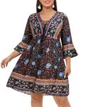 Women's Plus Size Boho Dress Floral V Neck Tassel Bell Sleeve Casual Summer Beach Flowy Mini Dress, Blue Floral, 22 Plus