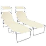 VOUNOT Folding Sun Loungers Set of 2, Sunbed with Adjustable Backrest & Sunshade for Garden, Beach, Patio, Pool, Camp, Load 110 kg, Beige