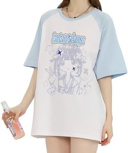 kakarin choyx Kawaii Round Neck Short Sleeve Y2K Cute Harajuku Cartoon Girl Star Graphic Oversized T-Shirts for Women M Blue White