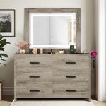 YITAHOME Makeup Vanity with Lighted Mirror, 6-Drawer Dresser with Mirror, Vanity Desk with Large Storage Unit, 3-Mode Light Strip for Bedroom, Dressing Table with Power Outlet, Light Grey