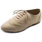 Ollio Women's Shoe Classic Lace Up Dress Low Flat Heel Oxford beige Size: 6 UK