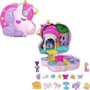 Polly Pocket Unicorn Forest Compact Tea Party-Themed Playset with Glitter Horn, 2 Micro Dolls & 13 Accessories, Toy Gift for Ages 4 Years Old & Up