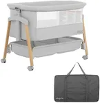 Evolur Lullaby Bedside Bassinet with Wheels, Seven Adjustable Heights, Breathable Mesh Sides Baby Bassinet, Large Storage Basket, Easy to Fold and Carry Travel Bassinet - Travel Bag Included