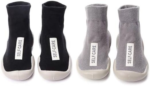 HOVELL 2 Pairs Baby Soft Rubber Sole Shoes Toddler Girls Boys Non Slip Walking Shoes Infant Cotton Floor Slipper Sock Shoes(Black Grey,6-12M)