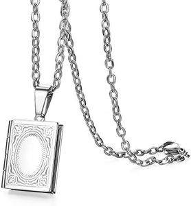 OIDEA Religious Bible Book Locket Necklace Stainless Steel Charms Vintage Antique Bronze Floating Locket Photo Frame Living Memory Photo Holder Pendants for Men, Stainless Steel, No Gemstone