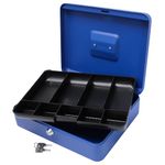 Cathedral Products Key Lockable Cash Box with Lift Out 9 Compartment Coin Tray - 12 Inch - Blue