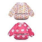 Long Sleeved Bib Waterproof Feeding Bibs Apron with Built-in Pocket Bag, Art Smock for Babies/Toddlers/Infants, Pack of 2 Colors（Pink)