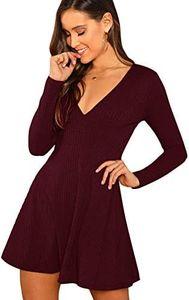 Verdusa Women's Elegant Deep V Neck Long Sleeve Ribbed Short Skater Dress Burgundy XS