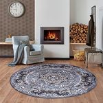 cozily® Traditional Floral Pattern Washable Jute Back Round Rug - 3 ft 9 in x 3 ft 9 in - Grey - Floral Pattern Carpet for Bedroom, Dining and Kids Room