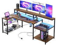 Bestier 181CM L Shaped Corner Desk with Power Outlets LED Lights Gaming Desk with Long Monitor Stand Large Computer Desk with Storage Shelf Cup Holder Headset Hooks Ideal for Gaming Room