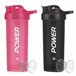 POWER Shaker Bottle For Protein Powder 700 ml (Pack Of 2) With Mixer Ball , BPA Free Leak Proof Screw On Lid , Secure Drink Flip Cap, Sports Gym Supplement Protein Powder Shake Bottle (Black-Pink)