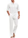 COOFANDY Men's White Linen Pants and Shirt Set Casual Beach Yoga Outfits 2 Piece Cotton Linen Henley Shirts Loose Pants Sets