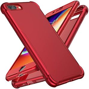 ORETECH Designed for iPhone 7 Plus Case,Designed for iPhone 8 Plus Case with[2 x Tempered Glass Screen Protector]Carbon Fiber Texture Anti-Slip Hard PC+Soft TPU Case for iPhone 7 Plus/8 Plus-5.5"Red