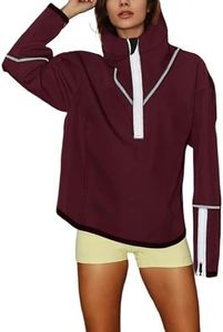 Yeokou Womens Windbreaker Jacket Outdoors Hiking Reflective Striping Hooded Half Zip Pullover Contrast Pocketed Outerwear(WineRed-Medium)