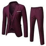 WULFUL Men's Suit Slim Fit One Button 3-Piece Suit Blazer Dress Business Wedding Party Jacket Vest & Pants Dark Red