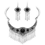 Rosemarie & Jubalee Women's Western Style Statement Silver Tone Metal Fringe Natural Howlite Stone Collar Necklace Earrings Set, 11"+2" Extension, Metal, natural howlite,