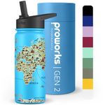 Proworks Gen 2 Insulated Water Bottles with Straw Lid | 540ml Stainless Steel Water Bottle, 24 Hours Cold & 12 Hours Hot Drinks, Metal Leakproof Flask for Gym, Travel - Powder Blue World Map