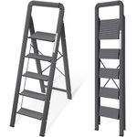 KINGRACK Step Ladder, 5 Steps, Folding Step Ladder with Handrail, Non-Slip Household Ladder with Folding Safety, Aluminium Step Stool, Maximum Load 150 kg - Black