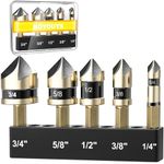 Countersunk Bit Set for Metal, M2 Cobalt Countersunk Bits 5 Pieces, Gold Oxide Countersink Drill Bit,1/4" Hex Shank Countersunk Bit Set for Drilling in Copper, Aluminum, Wood, Plastic