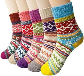 5 Pairs Womens Wool Socks Vintage Soft Cabin Warm Socks Thick Knit Cozy Winter Socks for Women Gifts, Red, One Size