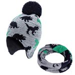 MaoXinTek Winter Hats for Kids, Knitted Bobble and Circle Scarf Set, Baby Beanie Dinosaur Warm Cap with Pompom Fleece Lining for Boy Girl Children Toddler(2-5 Age) Grey