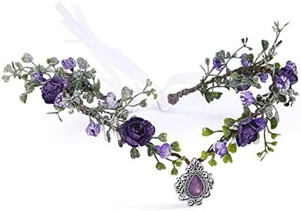 MOSTORY Purple Woodland Floral Elf Headpiece - Flower and Leaf Fairy Wreath Headband V-shape Adjustable Ribbons Crown with Crystal for Renaissance Cosplay Christmas Wedding Party Bridal Women Girls