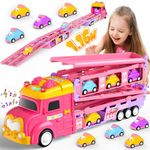 Transport Truck Toy Cars Set, Cars Toy for Girls Ages 1 2 3 4 5 with 8 Race Cars, Vehicles Toys Set with Light and Sound, Best Gift for toys for 3-6 year old Kids, Carrier Truck Girls Toys Pink