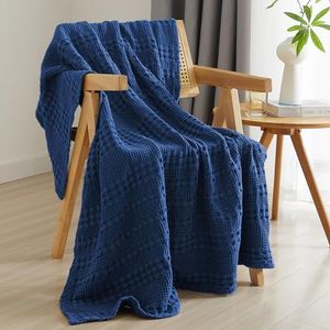 PHF 100% Cotton Waffle Weave Throw Blanket - Lightweight Washed Cotton Throw Blanket for Spring & Summer - 50"x60" Breathable and Skin-Friendly Blanket for Couch Bed and Office- Bright Navy Blue