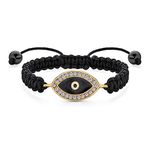 Black Braided Cord Evil Eye Bracelet Bolo For Women Teen Crystal Accent Adjustable Gold Plated For Protection And Good Luck