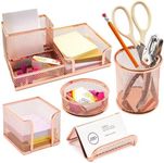 Paper Junkie Rose Gold Desk Organizer Set for Home Office Supplies and Accessories, Includes Mesh Wire Pen, Pencil, Business Card, Note, and Paper Clip Holders