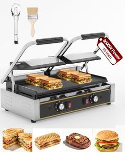 POPFOODEX Commercial Panini Press - 3600W Electric Panini Grill, Stainless Steel, Dual Temp Controls, Double Sandwich Press w/Nonstick 19"x9" Grooved Cooking Pan, Removable Drip Tray