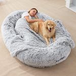Homguava Large Human Dog Bed 75.5"x55"x12" Human-Sized Big Dog Bed for Adults&Pets Giant Beanbag Bed with Washable Fur Cover,Blanket and Strap, Grey Plush