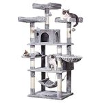 JISSBON Cat Tree Tower 170cm Cat Scratching Post with Condos, Basket, Hammock & Plush Perches for Kittens, Large Cats, Light Grey