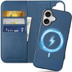 SHIELDON Wallet Case for iPhone 16 Plus 6.7-inch, Genuine Leather Detachable Wireless Charging Folio Magnetic Kickstand RFID Blocking Card Slots Cover Compatible with iPhone 16 Plus - Royal Blue