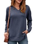 MISFAY Sweatshirts for Women Casual Long Sleeve Tunic Loose Fit V-Neck Shirts Side Slit Fall Tops(Navy Blue-XL)