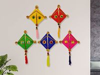 JH Gallery Woolen Handmade Colorful Kite Hanging Decoration for Wall/Door Hanging Home Decor (Pack of 5), Multicolour