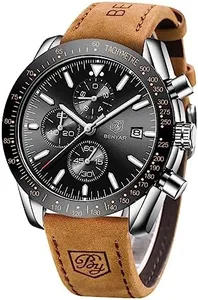 BENYAR Classic Fashion Quartz Chronograph Watch Casual Sport 30M Waterproof Leather Band Mens Watches (Silver Black)