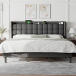 Feonase King Size Bed Frame with Charging Station & Storage Shelves, Upholstered Platform Bed Frame with Square Tufted Wingback Headboard, Wooden Slats Support, No Box Spring Needed, Dark Gray