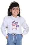 KIROTO Girls Unicorn Top Stylish Girls Kids Top Fancy Kids Top Puff Full Sleeve, White, 12-13 Years