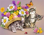 YEESAM ART DIY Paint by Numbers for Adults Beginner, Three Kittens & Butterfly, Straw Hat Ladybug, Cats 16x20 inch Linen Canvas Acrylic Stress Less Number Painting Gifts (Cats, With Frame)